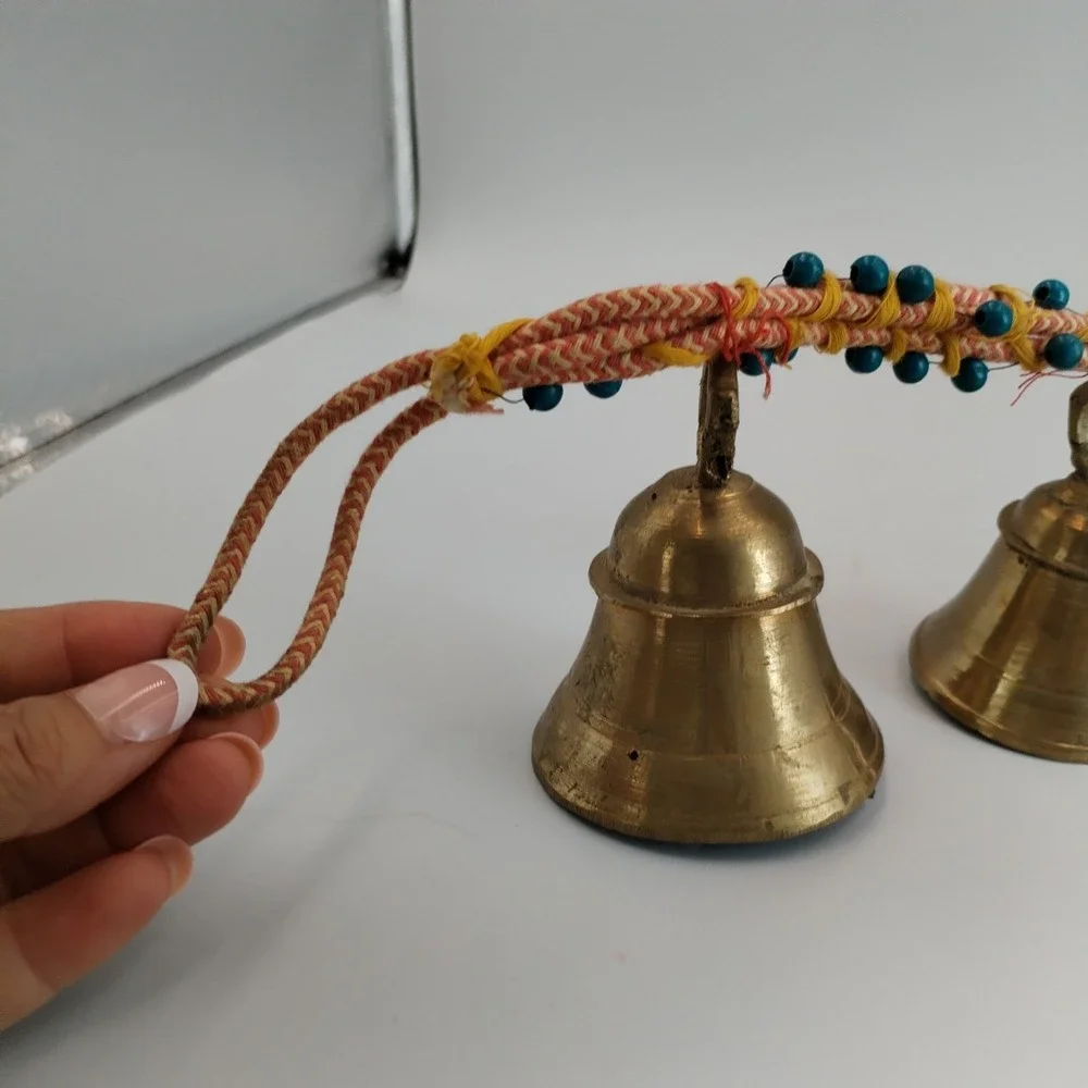 Vintage India Brass Bells on Rope String of 3 Beaded Door Hanger Boho Chime Vtg